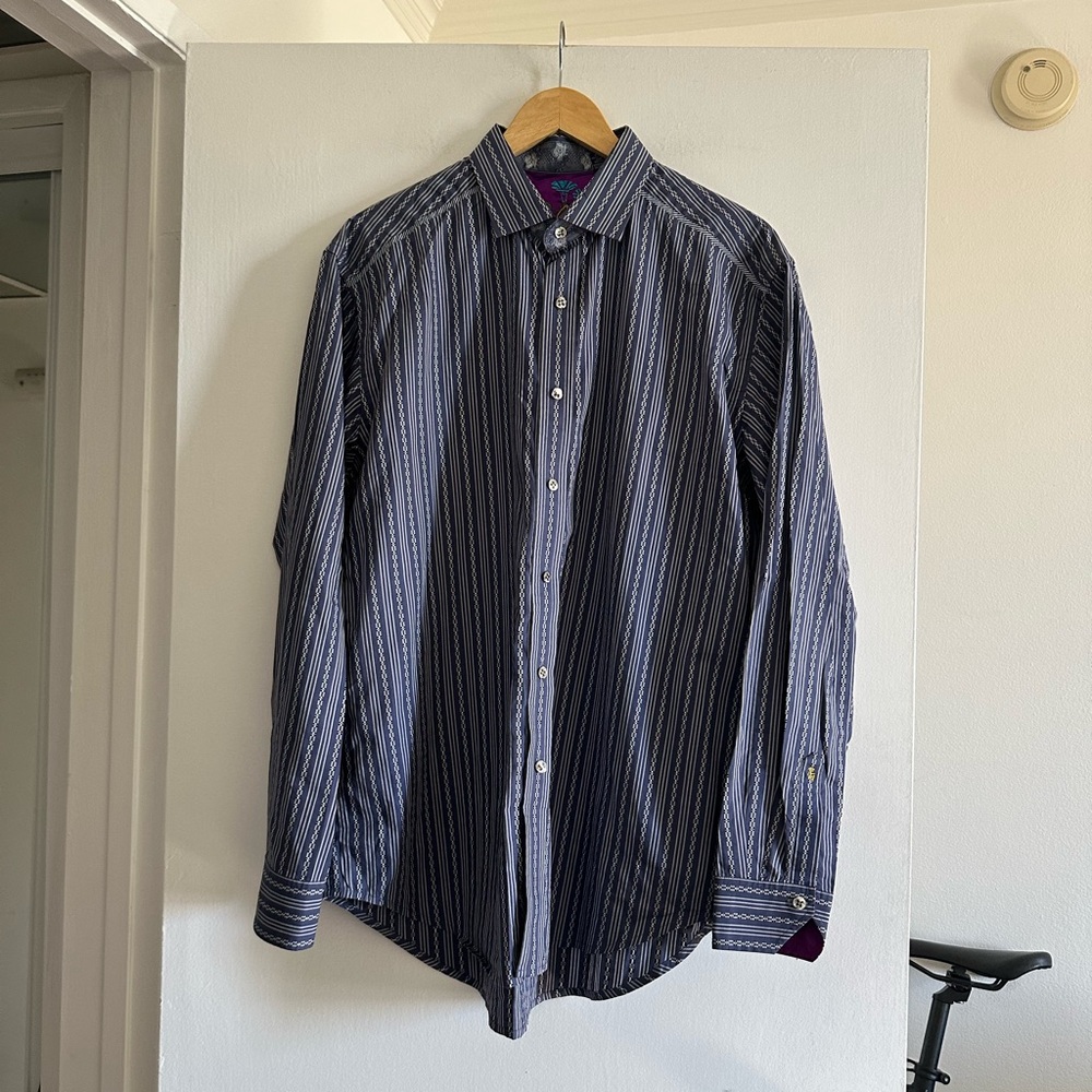 Robert Graham Blue Striped Flip Cuff Long Sleeve Button Collared Dress Shirt - Picture 3 of 9